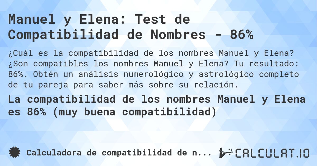Manuel y Elena: Test de Compatibilidad de Nombres - 86%. ¿Son compatibles los nombres Manuel y Elena? Tu resultado: 86%. Obtén un análisis numerológico y astrológico completo de tu pareja para saber más sobre su relación.