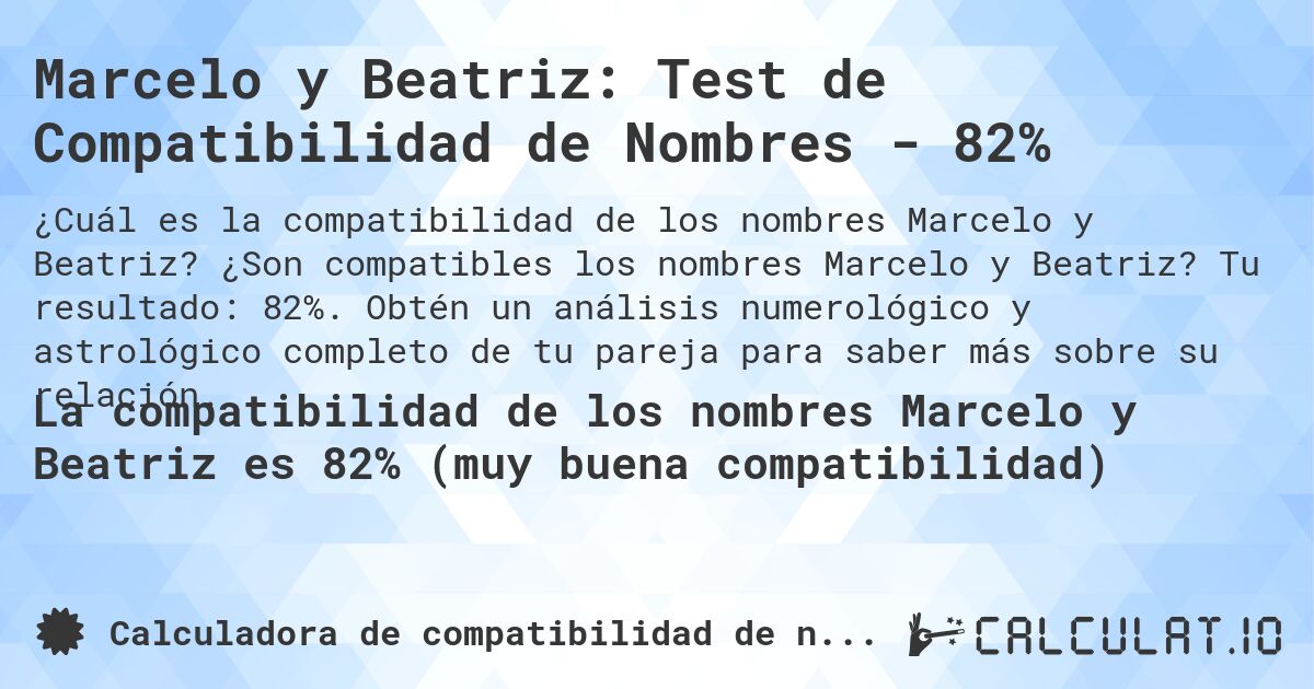 Marcelo y Beatriz: Test de Compatibilidad de Nombres - 82%. ¿Son compatibles los nombres Marcelo y Beatriz? Tu resultado: 82%. Obtén un análisis numerológico y astrológico completo de tu pareja para saber más sobre su relación.