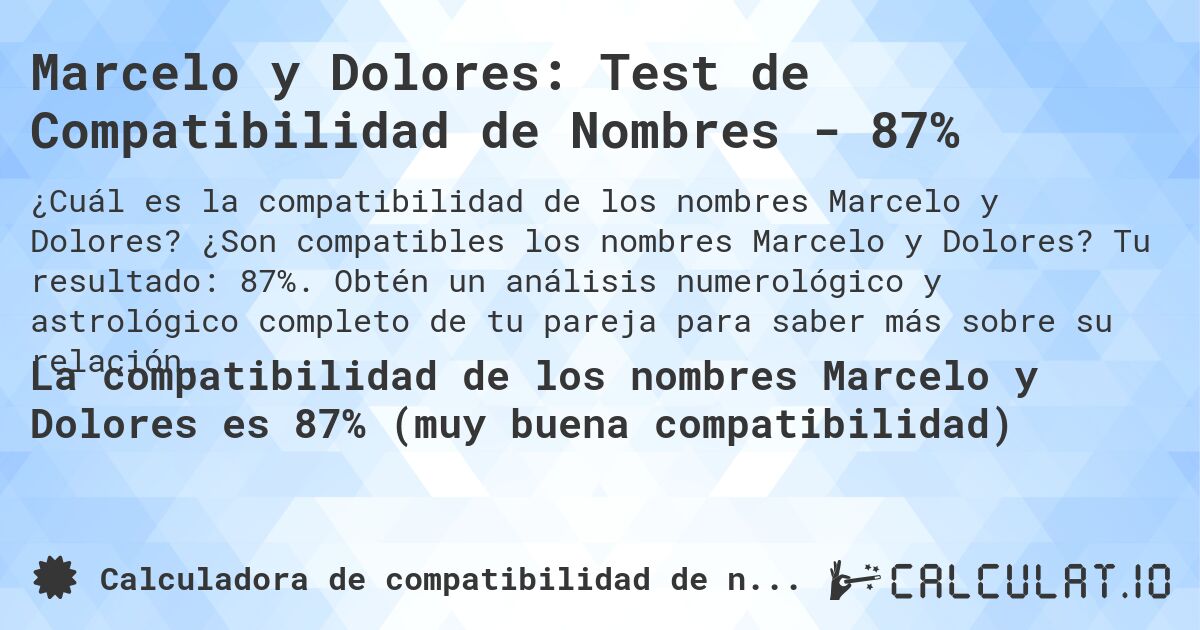Marcelo y Dolores: Test de Compatibilidad de Nombres - 87%. ¿Son compatibles los nombres Marcelo y Dolores? Tu resultado: 87%. Obtén un análisis numerológico y astrológico completo de tu pareja para saber más sobre su relación.