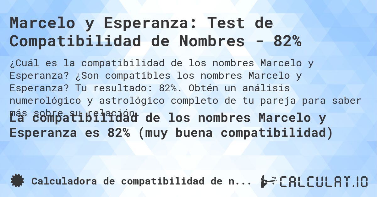 Marcelo y Esperanza: Test de Compatibilidad de Nombres - 82%. ¿Son compatibles los nombres Marcelo y Esperanza? Tu resultado: 82%. Obtén un análisis numerológico y astrológico completo de tu pareja para saber más sobre su relación.