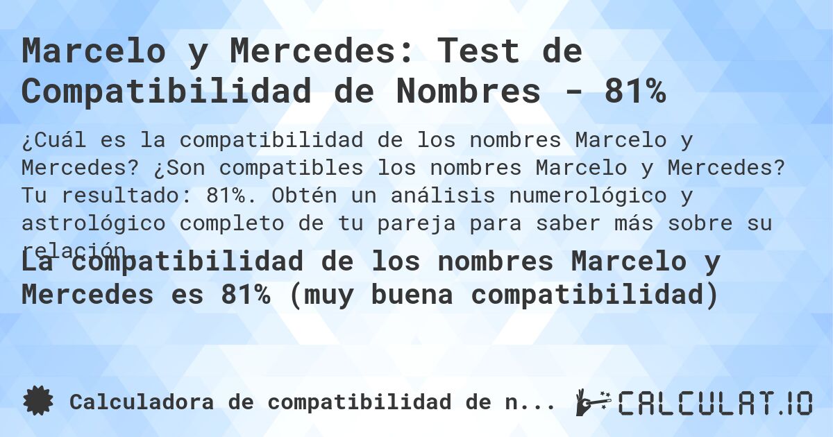 Marcelo y Mercedes: Test de Compatibilidad de Nombres - 81%. ¿Son compatibles los nombres Marcelo y Mercedes? Tu resultado: 81%. Obtén un análisis numerológico y astrológico completo de tu pareja para saber más sobre su relación.