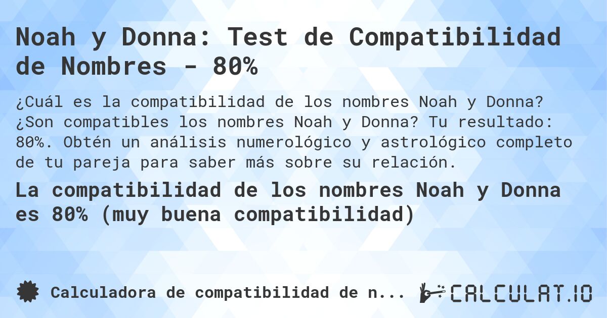 Noah y Donna: Test de Compatibilidad de Nombres - 80%. ¿Son compatibles los nombres Noah y Donna? Tu resultado: 80%. Obtén un análisis numerológico y astrológico completo de tu pareja para saber más sobre su relación.