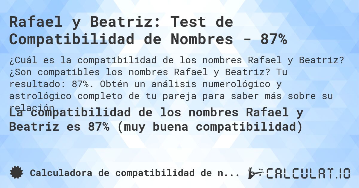 Rafael y Beatriz: Test de Compatibilidad de Nombres - 87%. ¿Son compatibles los nombres Rafael y Beatriz? Tu resultado: 87%. Obtén un análisis numerológico y astrológico completo de tu pareja para saber más sobre su relación.