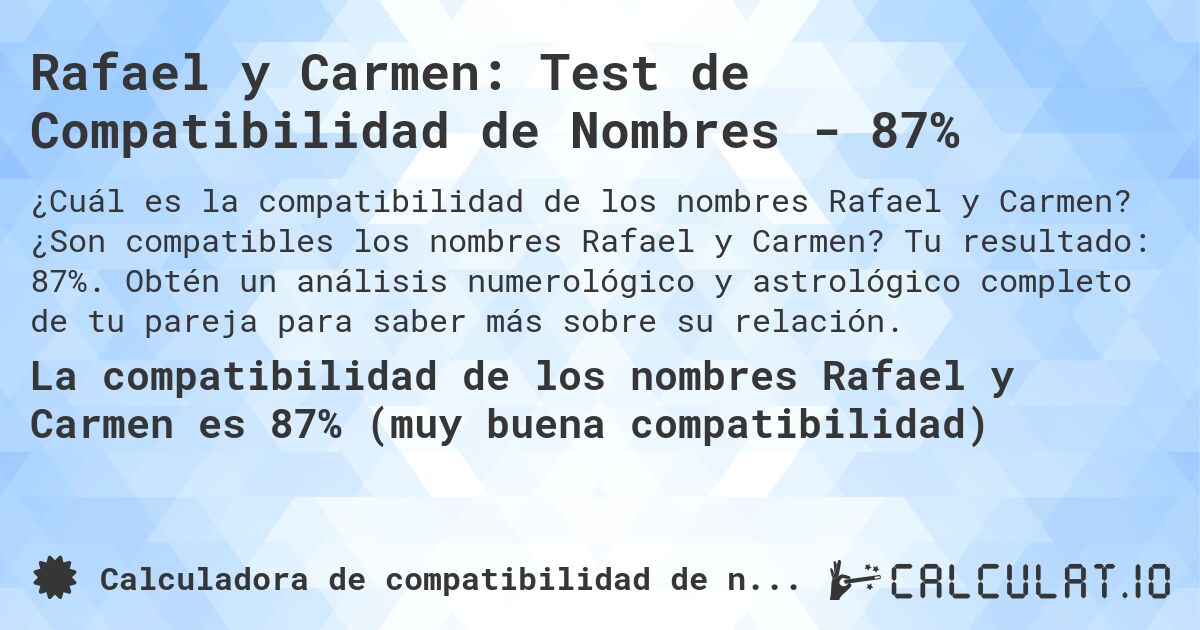 Rafael y Carmen: Test de Compatibilidad de Nombres - 87%. ¿Son compatibles los nombres Rafael y Carmen? Tu resultado: 87%. Obtén un análisis numerológico y astrológico completo de tu pareja para saber más sobre su relación.