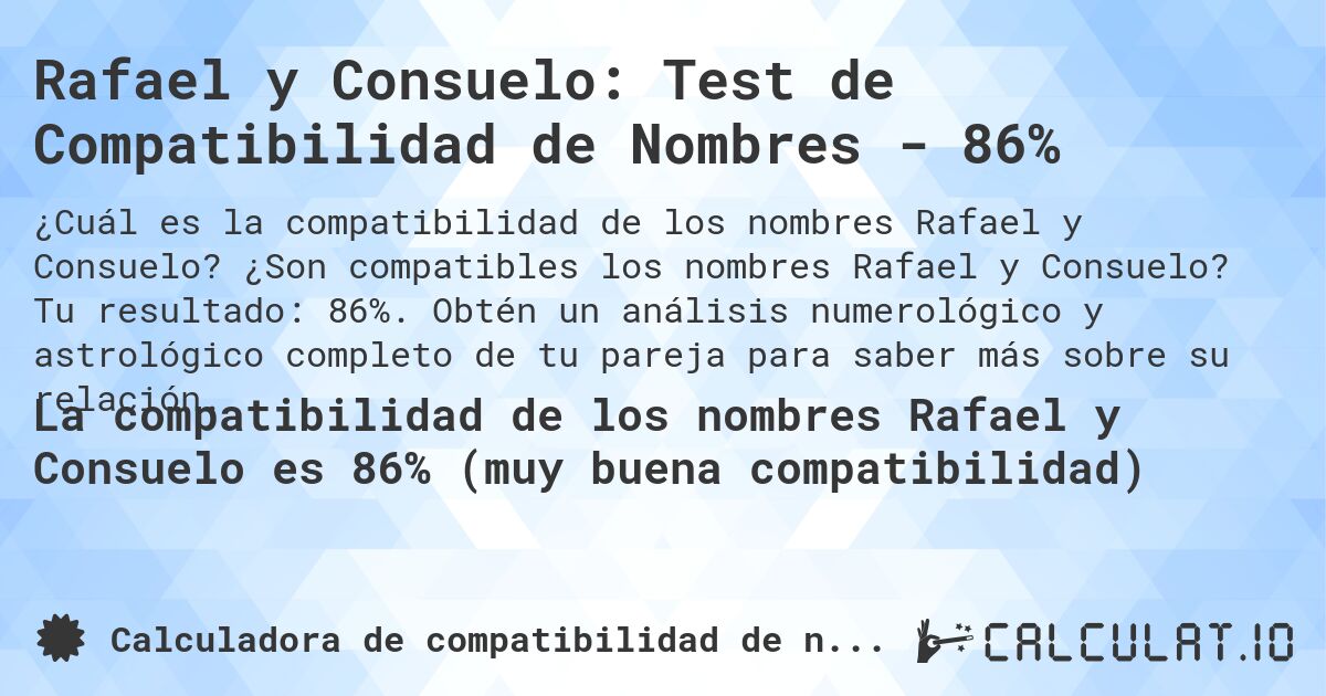 Rafael y Consuelo: Test de Compatibilidad de Nombres - 86%. ¿Son compatibles los nombres Rafael y Consuelo? Tu resultado: 86%. Obtén un análisis numerológico y astrológico completo de tu pareja para saber más sobre su relación.