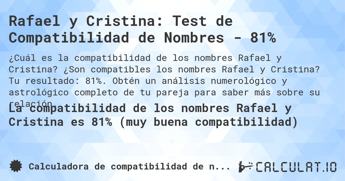 Rafael y Cristina: Test de Compatibilidad de Nombres - 81%. ¿Son compatibles los nombres Rafael y Cristina? Tu resultado: 81%. Obtén un análisis numerológico y astrológico completo de tu pareja para saber más sobre su relación.