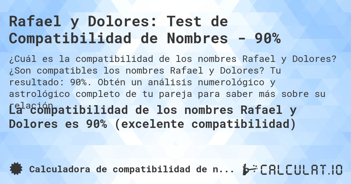Rafael y Dolores: Test de Compatibilidad de Nombres - 90%. ¿Son compatibles los nombres Rafael y Dolores? Tu resultado: 90%. Obtén un análisis numerológico y astrológico completo de tu pareja para saber más sobre su relación.
