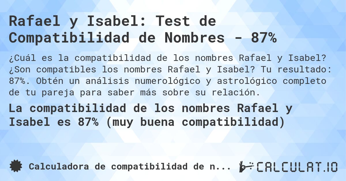 Rafael y Isabel: Test de Compatibilidad de Nombres - 87%. ¿Son compatibles los nombres Rafael y Isabel? Tu resultado: 87%. Obtén un análisis numerológico y astrológico completo de tu pareja para saber más sobre su relación.