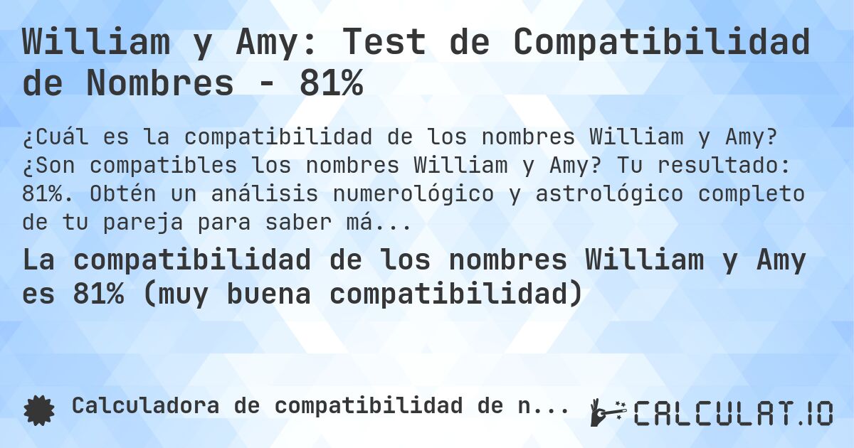 William y Amy: Test de Compatibilidad de Nombres - 81%. ¿Son compatibles los nombres William y Amy? Tu resultado: 81%. Obtén un análisis numerológico y astrológico completo de tu pareja para saber más sobre su relación.