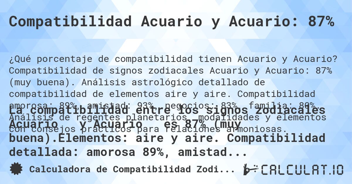 Compatibilidad Acuario y Acuario: 87%. Compatibilidad de signos zodiacales Acuario y Acuario: 87% (muy buena). Análisis astrológico detallado de compatibilidad de elementos aire y aire. Compatibilidad amorosa: 89%, amistad: 93%, negocios: 83%, familia: 80%. Análisis de regentes planetarios, modalidades y elementos con consejos prácticos para relaciones armoniosas.