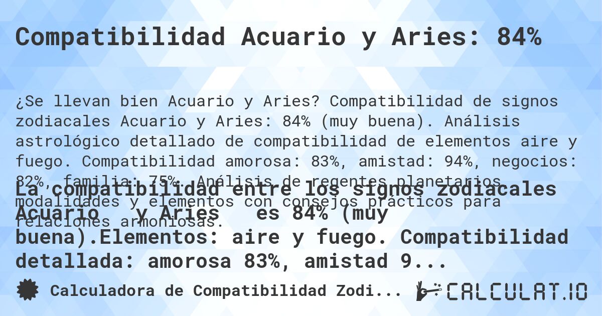 Compatibilidad Acuario y Aries: 84%. Compatibilidad de signos zodiacales Acuario y Aries: 84% (muy buena). Análisis astrológico detallado de compatibilidad de elementos aire y fuego. Compatibilidad amorosa: 83%, amistad: 94%, negocios: 82%, familia: 75%. Análisis de regentes planetarios, modalidades y elementos con consejos prácticos para relaciones armoniosas.
