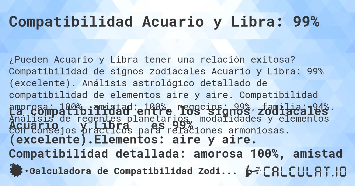 Compatibilidad Acuario y Libra: 99%. Compatibilidad de signos zodiacales Acuario y Libra: 99% (excelente). Análisis astrológico detallado de compatibilidad de elementos aire y aire. Compatibilidad amorosa: 100%, amistad: 100%, negocios: 99%, familia: 94%. Análisis de regentes planetarios, modalidades y elementos con consejos prácticos para relaciones armoniosas.