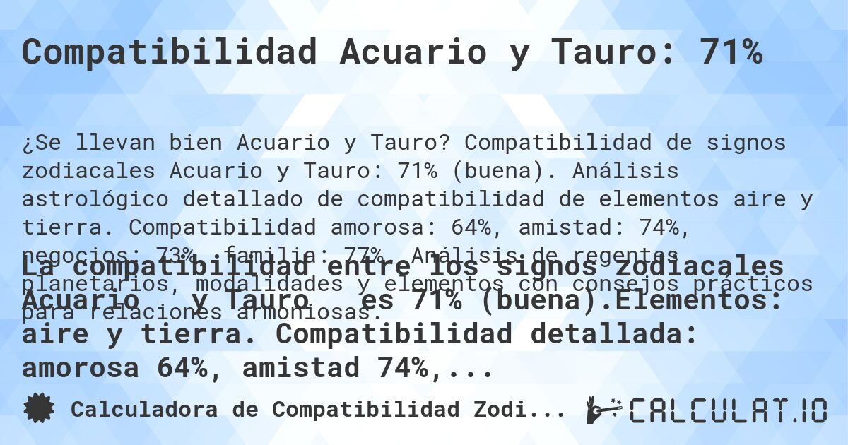 Compatibilidad Acuario y Tauro: 71%. Compatibilidad de signos zodiacales Acuario y Tauro: 71% (buena). Análisis astrológico detallado de compatibilidad de elementos aire y tierra. Compatibilidad amorosa: 64%, amistad: 74%, negocios: 73%, familia: 77%. Análisis de regentes planetarios, modalidades y elementos con consejos prácticos para relaciones armoniosas.