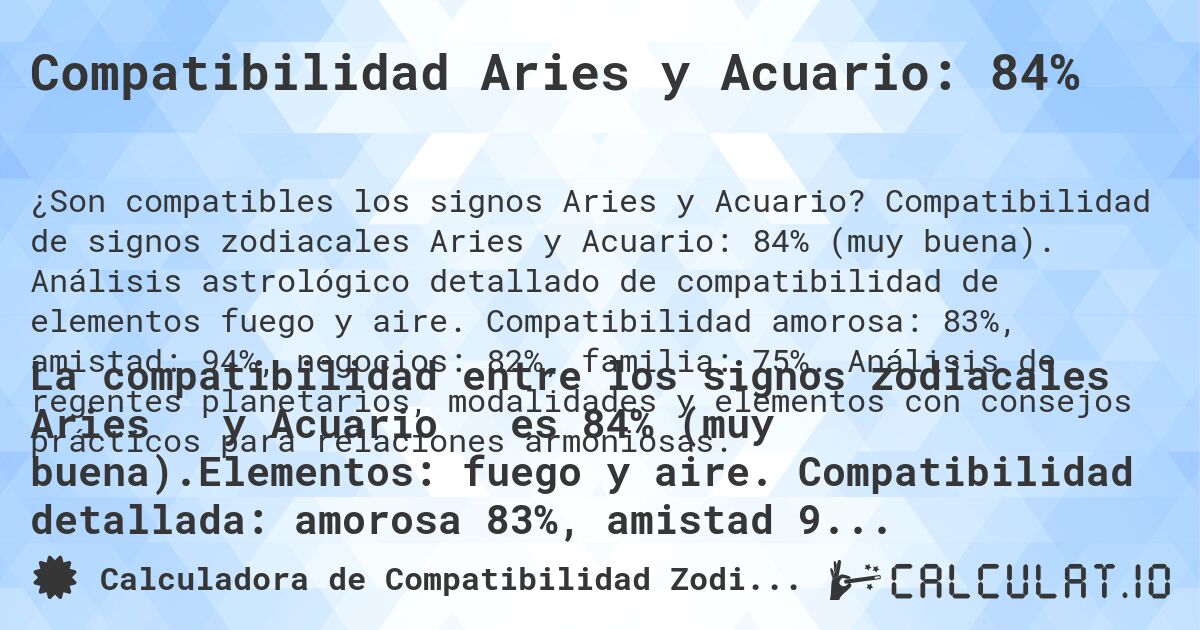 Compatibilidad Aries y Acuario: 84%. Compatibilidad de signos zodiacales Aries y Acuario: 84% (muy buena). Análisis astrológico detallado de compatibilidad de elementos fuego y aire. Compatibilidad amorosa: 83%, amistad: 94%, negocios: 82%, familia: 75%. Análisis de regentes planetarios, modalidades y elementos con consejos prácticos para relaciones armoniosas.