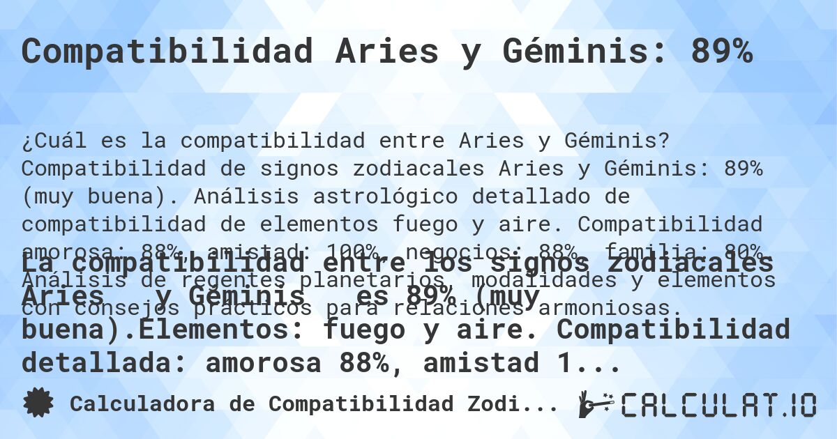 Compatibilidad Aries y Géminis: 89%. Compatibilidad de signos zodiacales Aries y Géminis: 89% (muy buena). Análisis astrológico detallado de compatibilidad de elementos fuego y aire. Compatibilidad amorosa: 88%, amistad: 100%, negocios: 88%, familia: 80%. Análisis de regentes planetarios, modalidades y elementos con consejos prácticos para relaciones armoniosas.