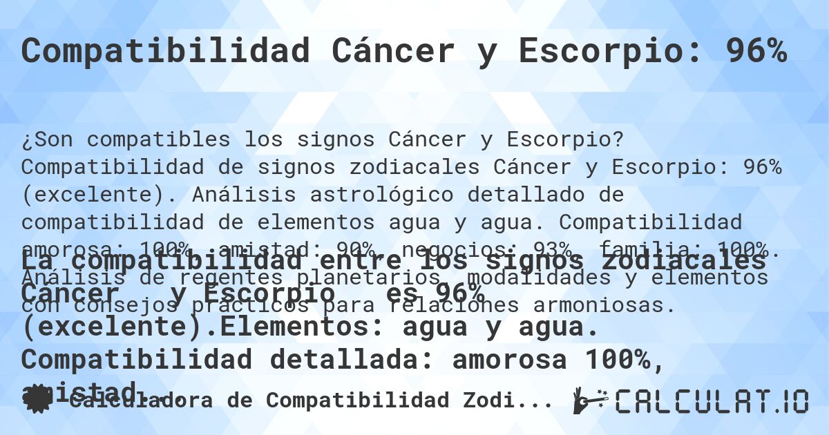 Compatibilidad Cáncer y Escorpio: 96%. Compatibilidad de signos zodiacales Cáncer y Escorpio: 96% (excelente). Análisis astrológico detallado de compatibilidad de elementos agua y agua. Compatibilidad amorosa: 100%, amistad: 90%, negocios: 93%, familia: 100%. Análisis de regentes planetarios, modalidades y elementos con consejos prácticos para relaciones armoniosas.