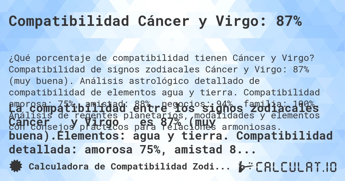 Compatibilidad Cáncer y Virgo: 87%. Compatibilidad de signos zodiacales Cáncer y Virgo: 87% (muy buena). Análisis astrológico detallado de compatibilidad de elementos agua y tierra. Compatibilidad amorosa: 75%, amistad: 88%, negocios: 94%, familia: 100%. Análisis de regentes planetarios, modalidades y elementos con consejos prácticos para relaciones armoniosas.