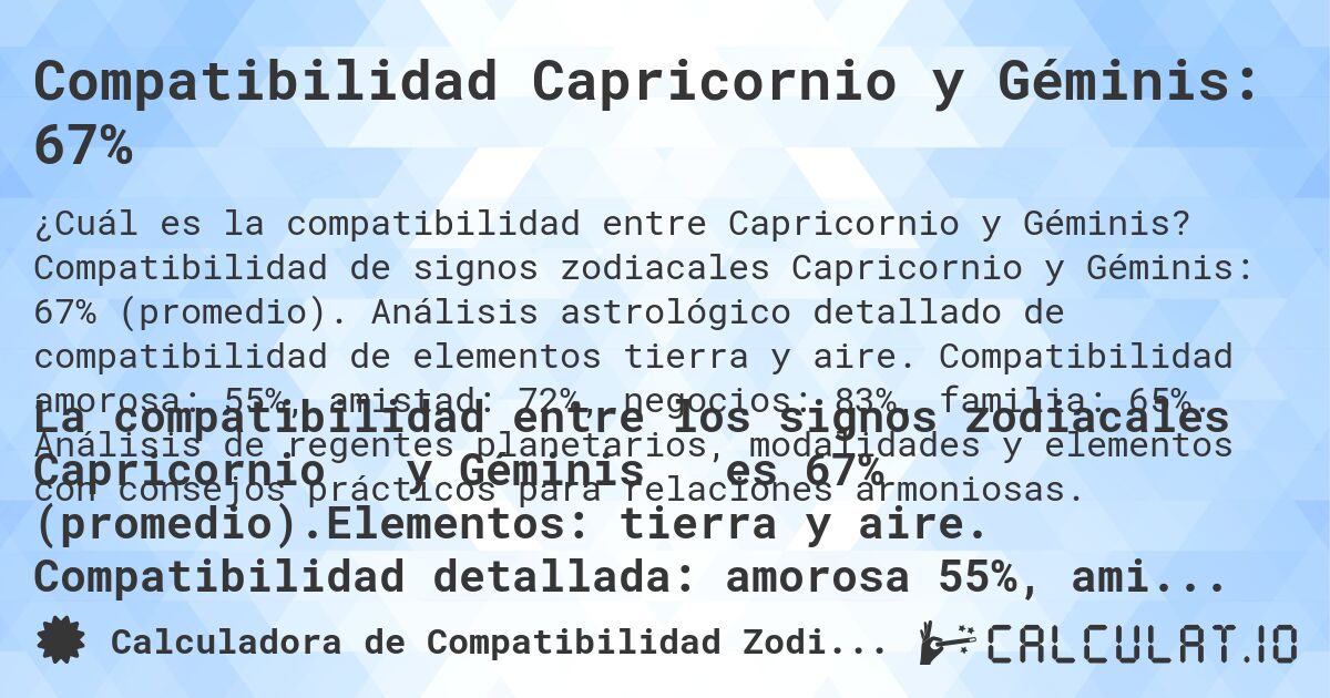 Compatibilidad Capricornio y Géminis: 67%. Compatibilidad de signos zodiacales Capricornio y Géminis: 67% (promedio). Análisis astrológico detallado de compatibilidad de elementos tierra y aire. Compatibilidad amorosa: 55%, amistad: 72%, negocios: 83%, familia: 65%. Análisis de regentes planetarios, modalidades y elementos con consejos prácticos para relaciones armoniosas.