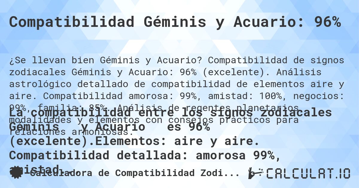 Compatibilidad Géminis y Acuario: 96%. Compatibilidad de signos zodiacales Géminis y Acuario: 96% (excelente). Análisis astrológico detallado de compatibilidad de elementos aire y aire. Compatibilidad amorosa: 99%, amistad: 100%, negocios: 99%, familia: 85%. Análisis de regentes planetarios, modalidades y elementos con consejos prácticos para relaciones armoniosas.