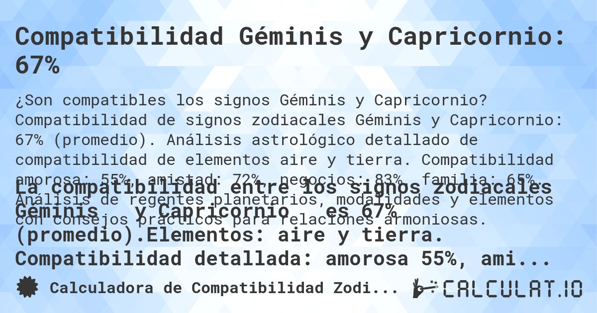 Compatibilidad Géminis y Capricornio: 67%. Compatibilidad de signos zodiacales Géminis y Capricornio: 67% (promedio). Análisis astrológico detallado de compatibilidad de elementos aire y tierra. Compatibilidad amorosa: 55%, amistad: 72%, negocios: 83%, familia: 65%. Análisis de regentes planetarios, modalidades y elementos con consejos prácticos para relaciones armoniosas.