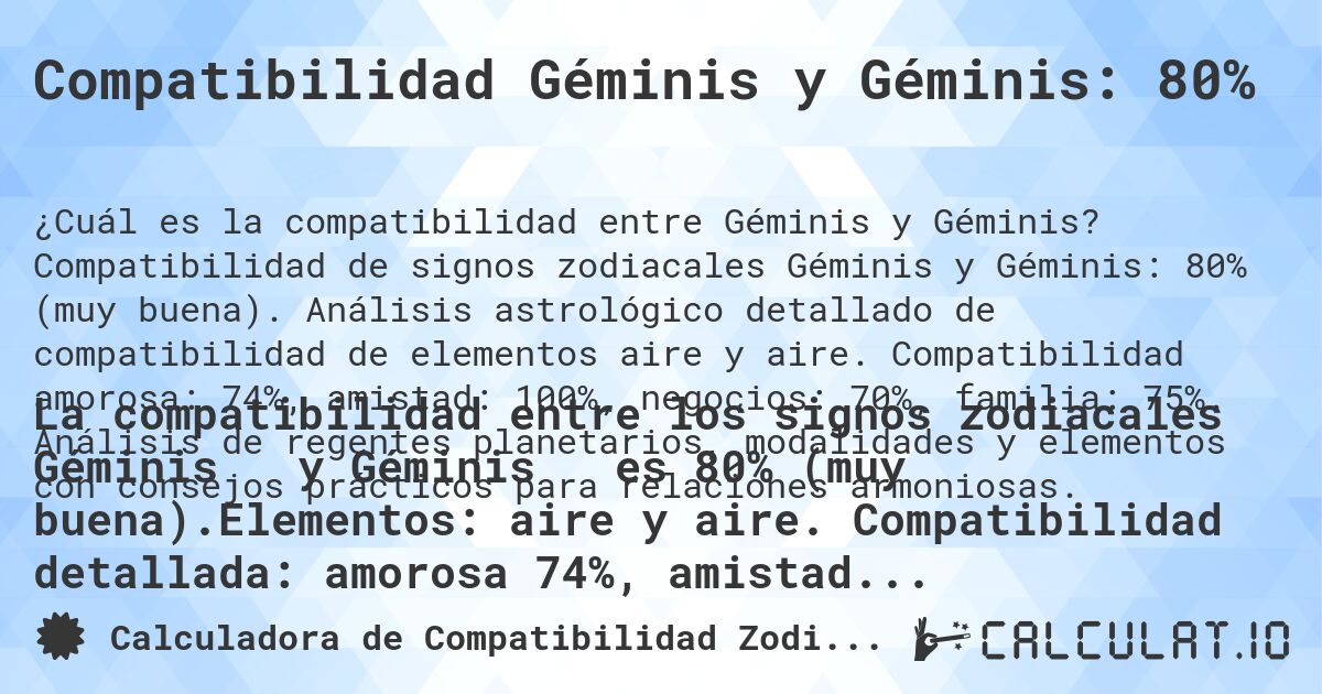 Compatibilidad Géminis y Géminis: 80%. Compatibilidad de signos zodiacales Géminis y Géminis: 80% (muy buena). Análisis astrológico detallado de compatibilidad de elementos aire y aire. Compatibilidad amorosa: 74%, amistad: 100%, negocios: 70%, familia: 75%. Análisis de regentes planetarios, modalidades y elementos con consejos prácticos para relaciones armoniosas.