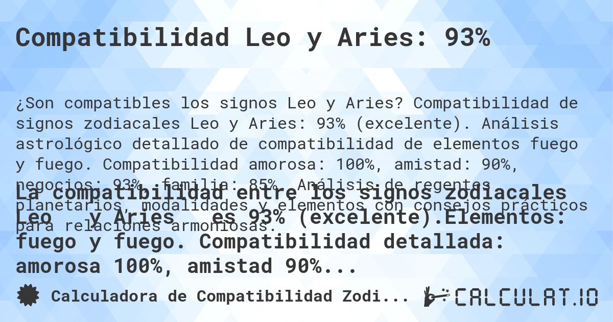 Compatibilidad Leo y Aries: 93%. Compatibilidad de signos zodiacales Leo y Aries: 93% (excelente). Análisis astrológico detallado de compatibilidad de elementos fuego y fuego. Compatibilidad amorosa: 100%, amistad: 90%, negocios: 93%, familia: 85%. Análisis de regentes planetarios, modalidades y elementos con consejos prácticos para relaciones armoniosas.