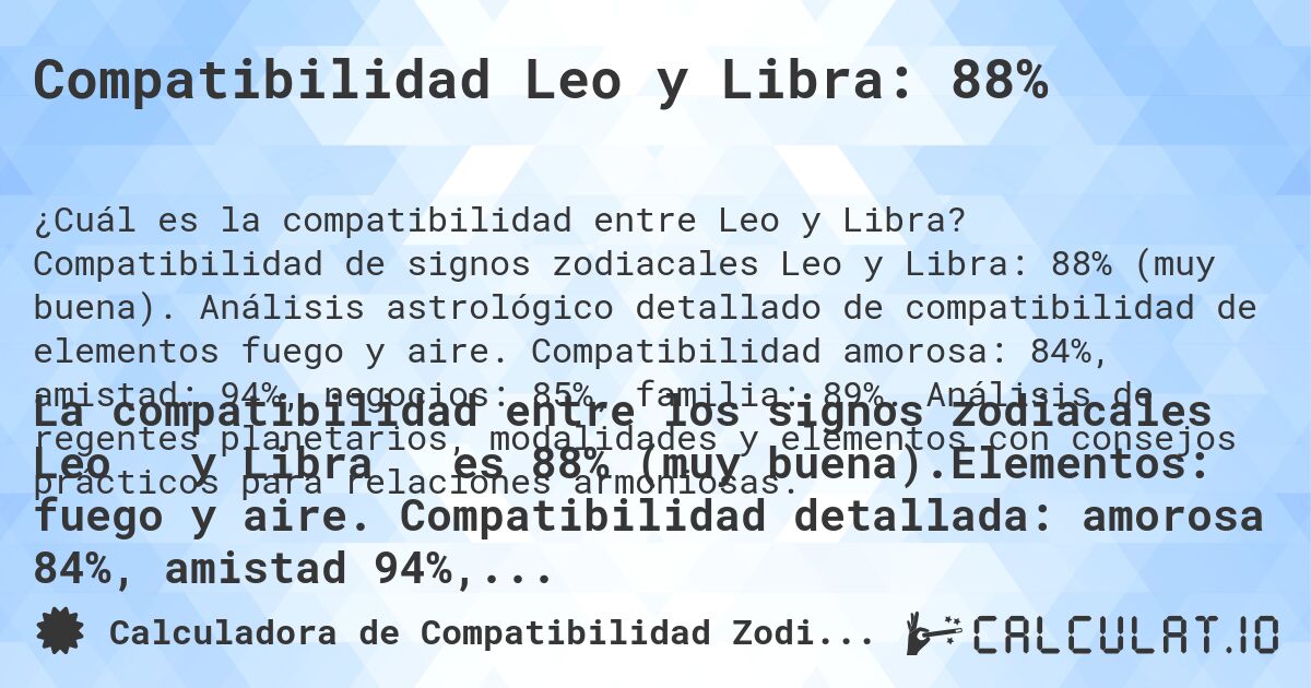 Compatibilidad Leo y Libra: 88%. Compatibilidad de signos zodiacales Leo y Libra: 88% (muy buena). Análisis astrológico detallado de compatibilidad de elementos fuego y aire. Compatibilidad amorosa: 84%, amistad: 94%, negocios: 85%, familia: 89%. Análisis de regentes planetarios, modalidades y elementos con consejos prácticos para relaciones armoniosas.
