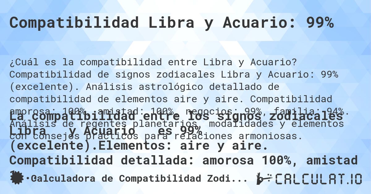 Compatibilidad Libra y Acuario: 99%. Compatibilidad de signos zodiacales Libra y Acuario: 99% (excelente). Análisis astrológico detallado de compatibilidad de elementos aire y aire. Compatibilidad amorosa: 100%, amistad: 100%, negocios: 99%, familia: 94%. Análisis de regentes planetarios, modalidades y elementos con consejos prácticos para relaciones armoniosas.