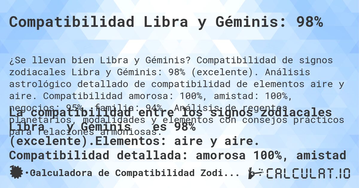 Compatibilidad Libra y Géminis: 98%. Compatibilidad de signos zodiacales Libra y Géminis: 98% (excelente). Análisis astrológico detallado de compatibilidad de elementos aire y aire. Compatibilidad amorosa: 100%, amistad: 100%, negocios: 95%, familia: 94%. Análisis de regentes planetarios, modalidades y elementos con consejos prácticos para relaciones armoniosas.