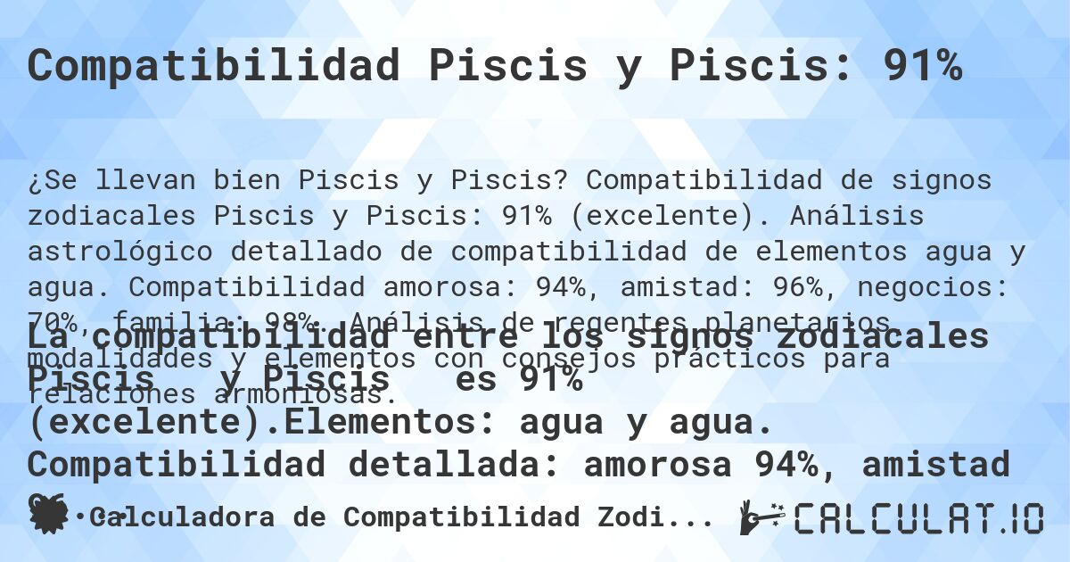 Compatibilidad Piscis y Piscis: 91%. Compatibilidad de signos zodiacales Piscis y Piscis: 91% (excelente). Análisis astrológico detallado de compatibilidad de elementos agua y agua. Compatibilidad amorosa: 94%, amistad: 96%, negocios: 70%, familia: 98%. Análisis de regentes planetarios, modalidades y elementos con consejos prácticos para relaciones armoniosas.