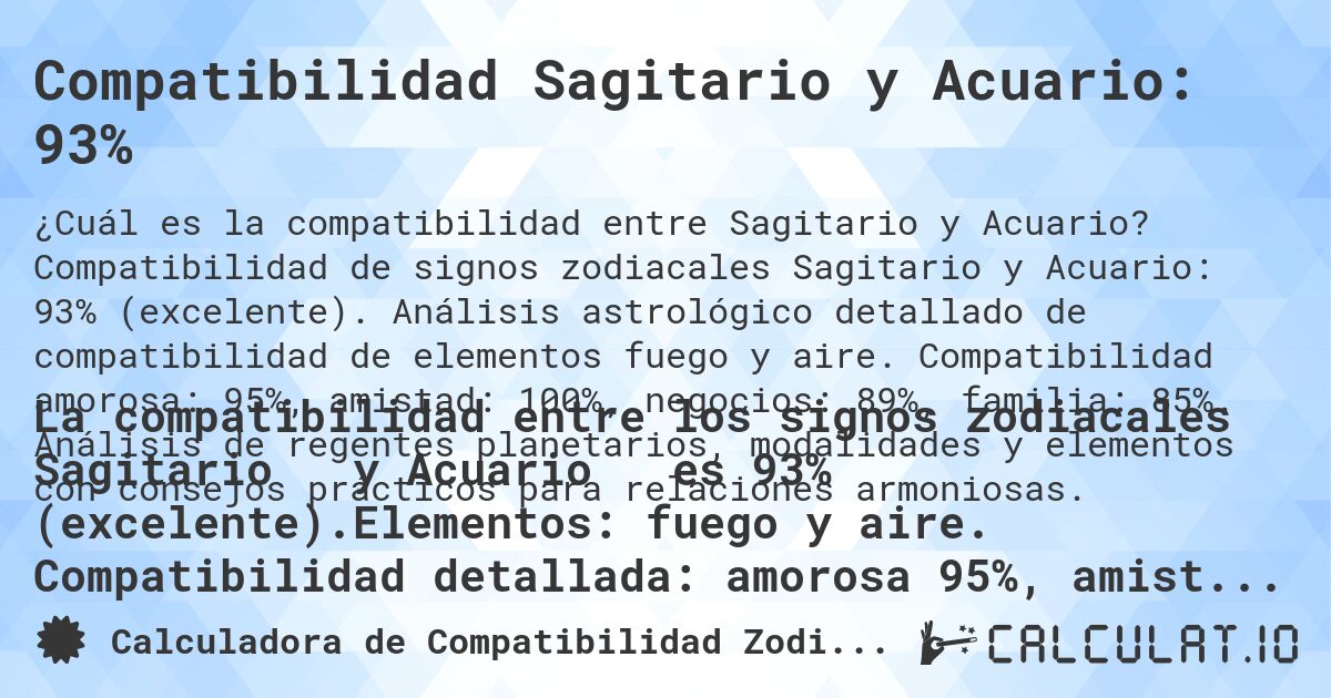 Compatibilidad Sagitario y Acuario: 93%. Compatibilidad de signos zodiacales Sagitario y Acuario: 93% (excelente). Análisis astrológico detallado de compatibilidad de elementos fuego y aire. Compatibilidad amorosa: 95%, amistad: 100%, negocios: 89%, familia: 85%. Análisis de regentes planetarios, modalidades y elementos con consejos prácticos para relaciones armoniosas.