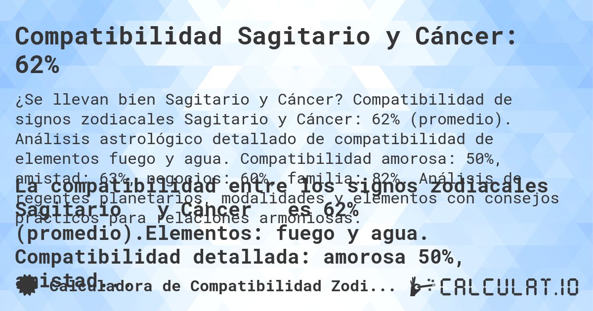 Compatibilidad Sagitario y Cáncer: 62%. Compatibilidad de signos zodiacales Sagitario y Cáncer: 62% (promedio). Análisis astrológico detallado de compatibilidad de elementos fuego y agua. Compatibilidad amorosa: 50%, amistad: 63%, negocios: 60%, familia: 82%. Análisis de regentes planetarios, modalidades y elementos con consejos prácticos para relaciones armoniosas.