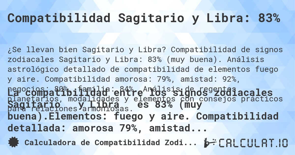 Compatibilidad Sagitario y Libra: 83%. Compatibilidad de signos zodiacales Sagitario y Libra: 83% (muy buena). Análisis astrológico detallado de compatibilidad de elementos fuego y aire. Compatibilidad amorosa: 79%, amistad: 92%, negocios: 80%, familia: 84%. Análisis de regentes planetarios, modalidades y elementos con consejos prácticos para relaciones armoniosas.