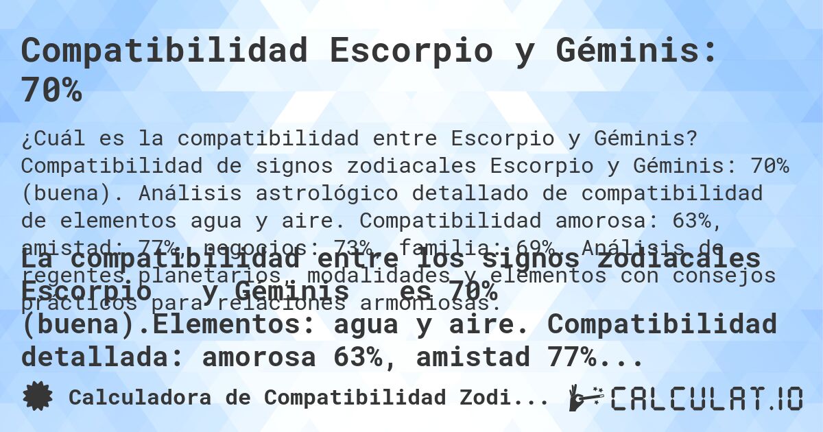 Compatibilidad Escorpio y Géminis: 70%. Compatibilidad de signos zodiacales Escorpio y Géminis: 70% (buena). Análisis astrológico detallado de compatibilidad de elementos agua y aire. Compatibilidad amorosa: 63%, amistad: 77%, negocios: 73%, familia: 69%. Análisis de regentes planetarios, modalidades y elementos con consejos prácticos para relaciones armoniosas.