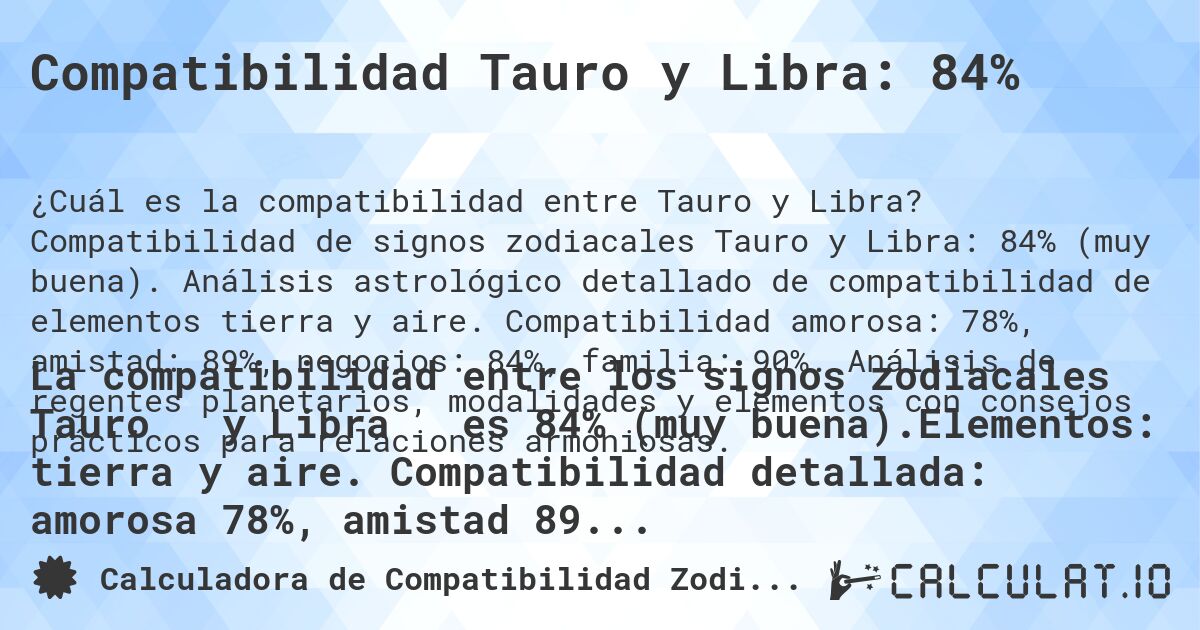 Compatibilidad Tauro y Libra: 84%. Compatibilidad de signos zodiacales Tauro y Libra: 84% (muy buena). Análisis astrológico detallado de compatibilidad de elementos tierra y aire. Compatibilidad amorosa: 78%, amistad: 89%, negocios: 84%, familia: 90%. Análisis de regentes planetarios, modalidades y elementos con consejos prácticos para relaciones armoniosas.