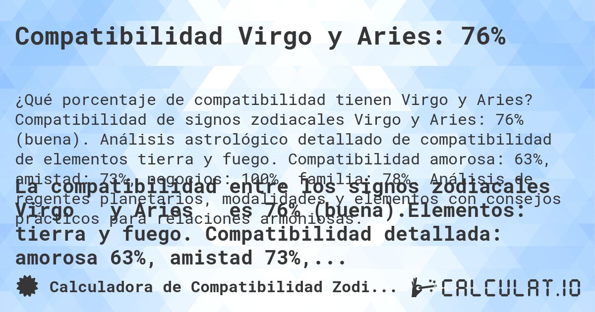 Compatibilidad Virgo y Aries: 76%. Compatibilidad de signos zodiacales Virgo y Aries: 76% (buena). Análisis astrológico detallado de compatibilidad de elementos tierra y fuego. Compatibilidad amorosa: 63%, amistad: 73%, negocios: 100%, familia: 78%. Análisis de regentes planetarios, modalidades y elementos con consejos prácticos para relaciones armoniosas.