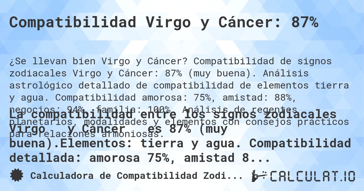 Compatibilidad Virgo y Cáncer: 87%. Compatibilidad de signos zodiacales Virgo y Cáncer: 87% (muy buena). Análisis astrológico detallado de compatibilidad de elementos tierra y agua. Compatibilidad amorosa: 75%, amistad: 88%, negocios: 94%, familia: 100%. Análisis de regentes planetarios, modalidades y elementos con consejos prácticos para relaciones armoniosas.