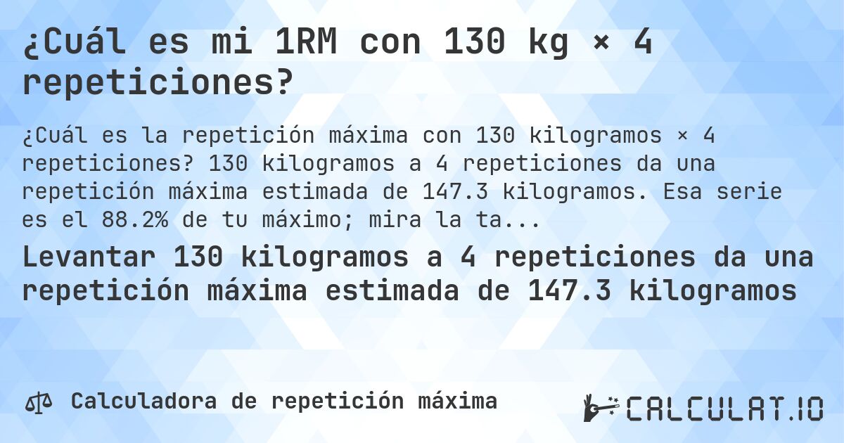 ¿Cuál es mi 1RM con 130 kg × 4 repeticiones?. 130 kilogramos a 4 repeticiones da una repetición máxima estimada de 147.3 kilogramos. Esa serie es el 88.2% de tu máximo; mira la tabla completa.