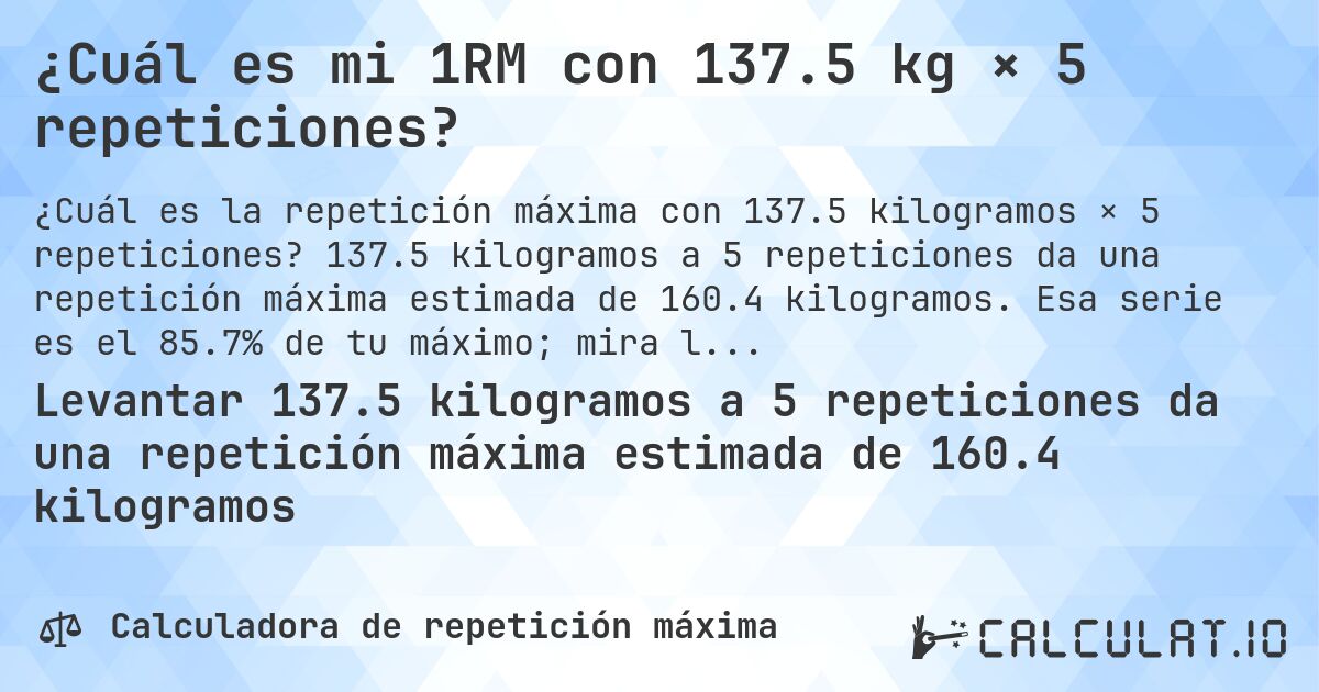 ¿Cuál es mi 1RM con 137.5 kg × 5 repeticiones?. 137.5 kilogramos a 5 repeticiones da una repetición máxima estimada de 160.4 kilogramos. Esa serie es el 85.7% de tu máximo; mira la tabla completa.