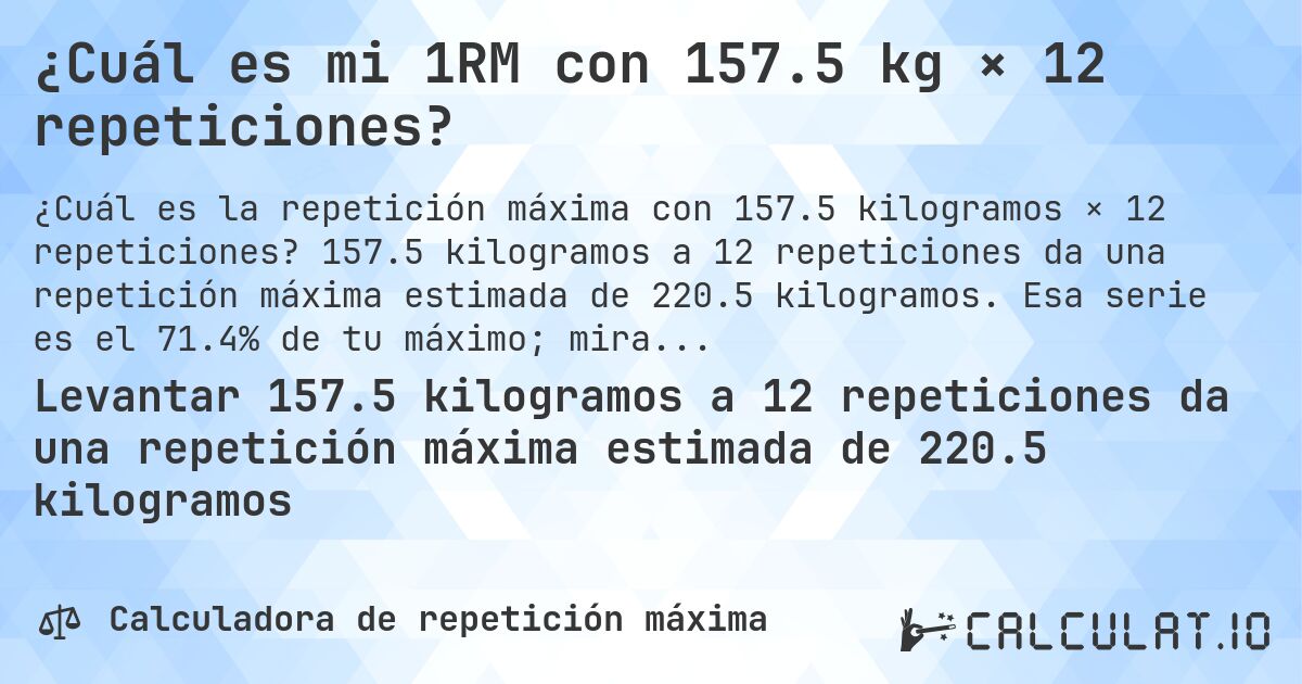 ¿Cuál es mi 1RM con 157.5 kg × 12 repeticiones?. 157.5 kilogramos a 12 repeticiones da una repetición máxima estimada de 220.5 kilogramos. Esa serie es el 71.4% de tu máximo; mira la tabla completa.