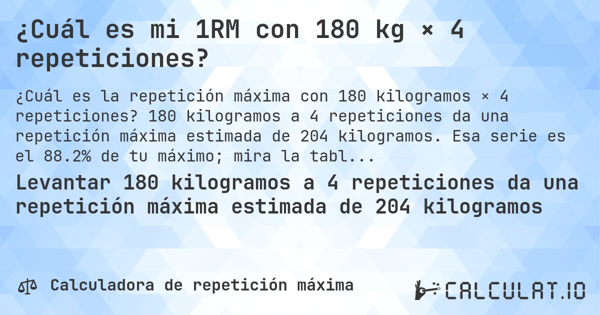 ¿Cuál es mi 1RM con 180 kg × 4 repeticiones?. 180 kilogramos a 4 repeticiones da una repetición máxima estimada de 204 kilogramos. Esa serie es el 88.2% de tu máximo; mira la tabla completa.