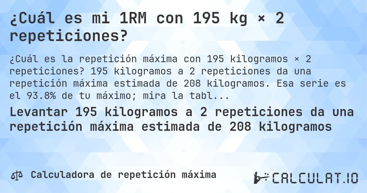 ¿Cuál es mi 1RM con 195 kg × 2 repeticiones?. 195 kilogramos a 2 repeticiones da una repetición máxima estimada de 208 kilogramos. Esa serie es el 93.8% de tu máximo; mira la tabla completa.