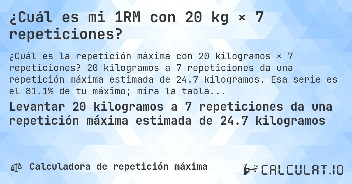¿Cuál es mi 1RM con 20 kg × 7 repeticiones?. 20 kilogramos a 7 repeticiones da una repetición máxima estimada de 24.7 kilogramos. Esa serie es el 81.1% de tu máximo; mira la tabla completa.