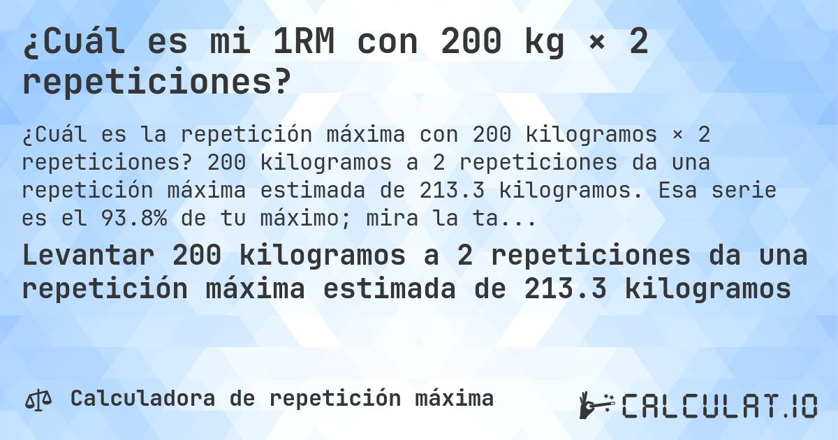 ¿Cuál es mi 1RM con 200 kg × 2 repeticiones?. 200 kilogramos a 2 repeticiones da una repetición máxima estimada de 213.3 kilogramos. Esa serie es el 93.8% de tu máximo; mira la tabla completa.