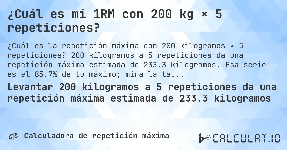 ¿Cuál es mi 1RM con 200 kg × 5 repeticiones?. 200 kilogramos a 5 repeticiones da una repetición máxima estimada de 233.3 kilogramos. Esa serie es el 85.7% de tu máximo; mira la tabla completa.