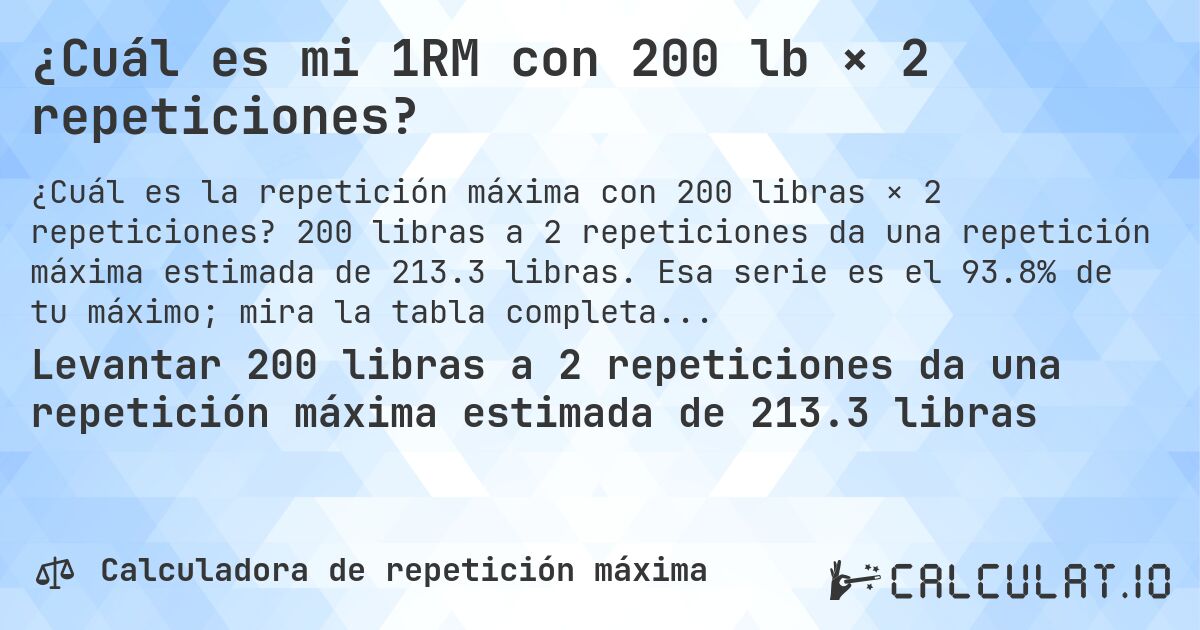 ¿Cuál es mi 1RM con 200 lb × 2 repeticiones?. 200 libras a 2 repeticiones da una repetición máxima estimada de 213.3 libras. Esa serie es el 93.8% de tu máximo; mira la tabla completa.