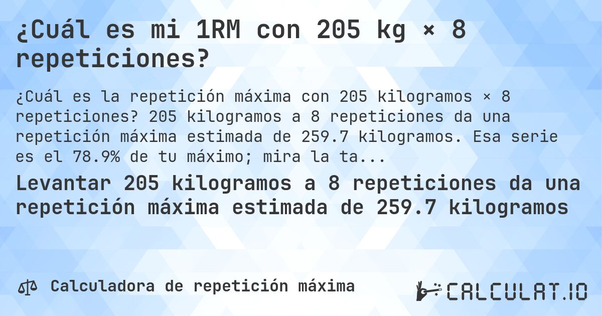 ¿Cuál es mi 1RM con 205 kg × 8 repeticiones?. 205 kilogramos a 8 repeticiones da una repetición máxima estimada de 259.7 kilogramos. Esa serie es el 78.9% de tu máximo; mira la tabla completa.