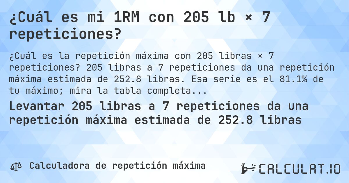 ¿Cuál es mi 1RM con 205 lb × 7 repeticiones?. 205 libras a 7 repeticiones da una repetición máxima estimada de 252.8 libras. Esa serie es el 81.1% de tu máximo; mira la tabla completa.