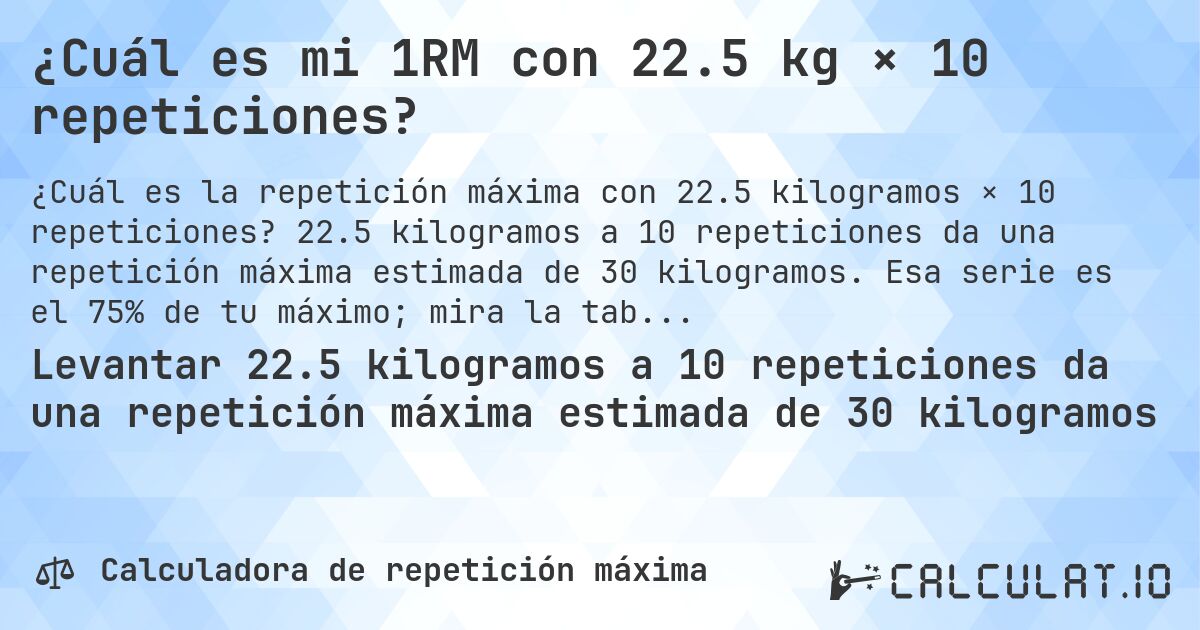¿Cuál es mi 1RM con 22.5 kg × 10 repeticiones?. 22.5 kilogramos a 10 repeticiones da una repetición máxima estimada de 30 kilogramos. Esa serie es el 75% de tu máximo; mira la tabla completa.