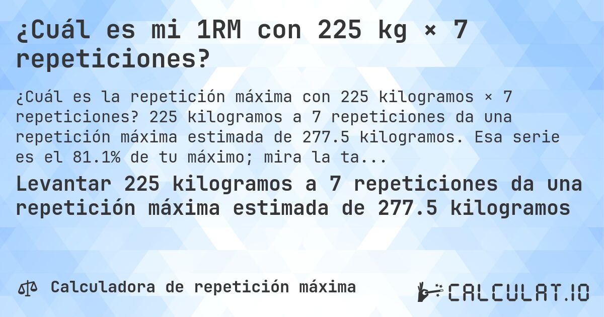 ¿Cuál es mi 1RM con 225 kg × 7 repeticiones?. 225 kilogramos a 7 repeticiones da una repetición máxima estimada de 277.5 kilogramos. Esa serie es el 81.1% de tu máximo; mira la tabla completa.